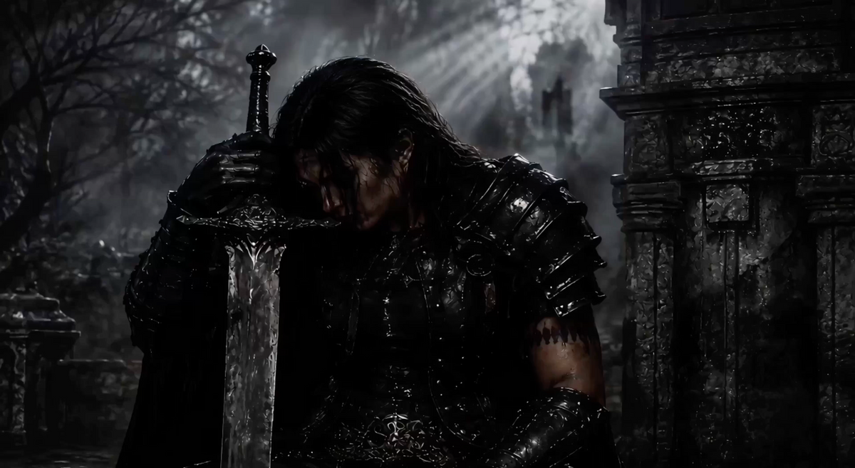 A dark, moody scene showing a person in heavy black armor sitting in a ruined stone setting and leaning their head on a large sword hilt. The background is foggy and dimly lit, with stone architecture visible on the right.